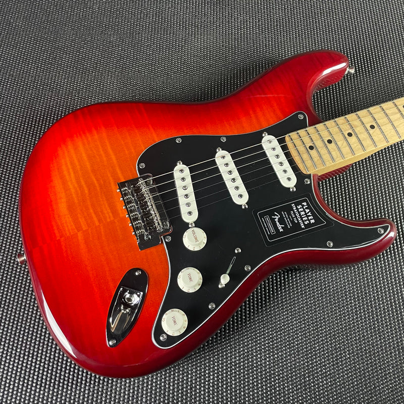 Fender Player Stratocaster Plus Top, Maple Fingerboard- Aged Cherry Burst (MX22048774) - Metronome Music Inc.
