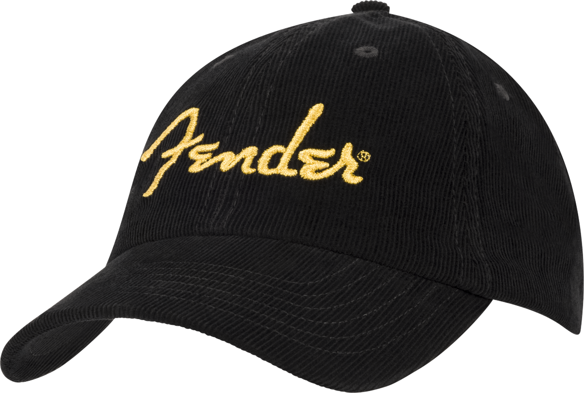 Fender Gold Spaghetti Logo Corduroy Baseball Hat, Black, One Size