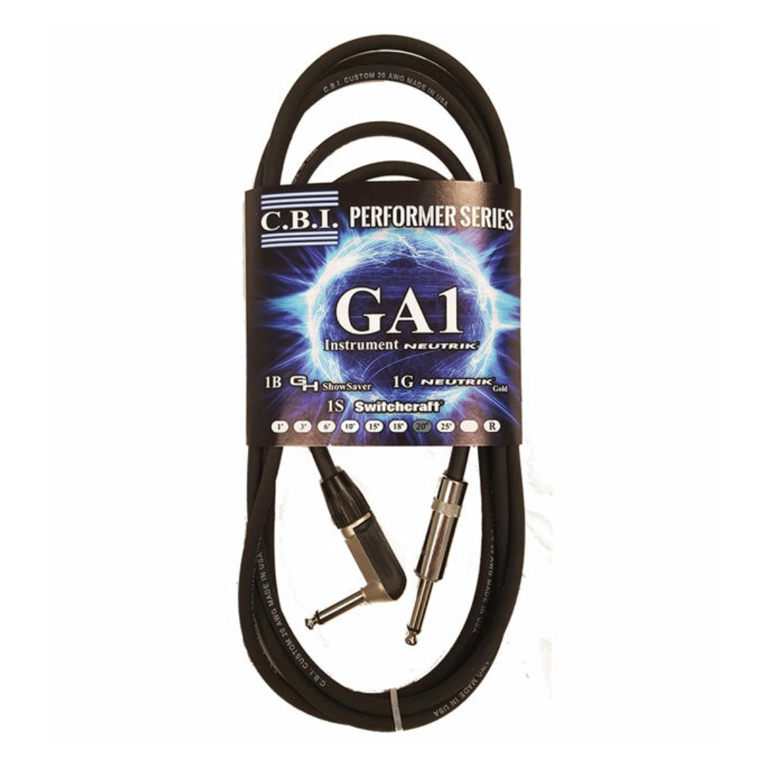 CBI GA1 1/4" to 1/4" Right Angle Guitar Instrument Cable, 1 Foot