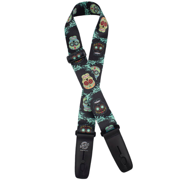 Lock-it Straps 2" wide poly plush series strap, Psychedelic Sunburst, with built in locks and leather ends. Made in USA