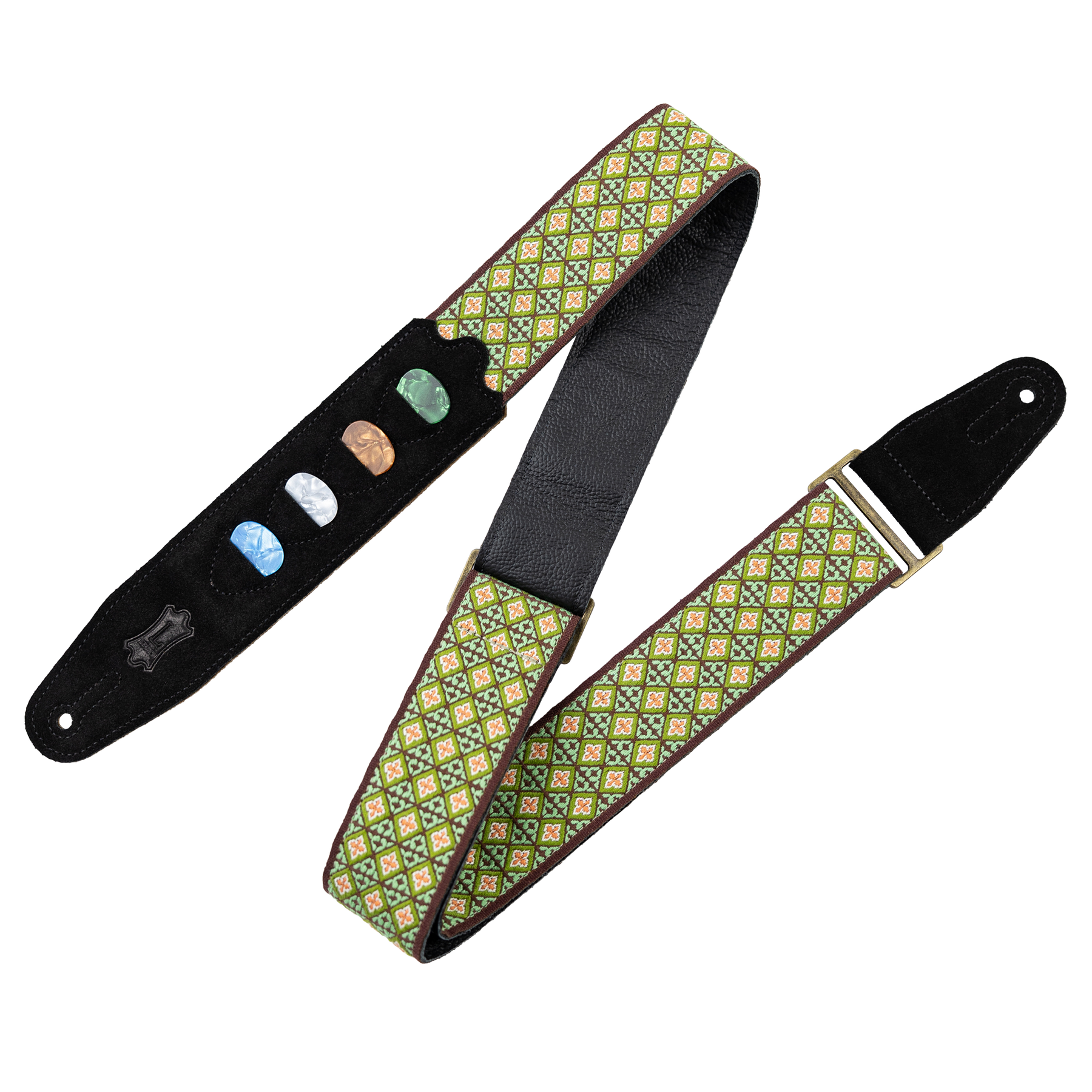 Levy's Original Hootenanny Series Guitar Strap, Pick Holder - Jacquard Green