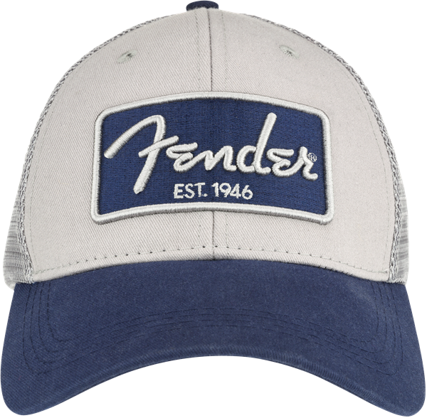 Fender Embroidered 3D Snap Back Hat, Chrome & Navy